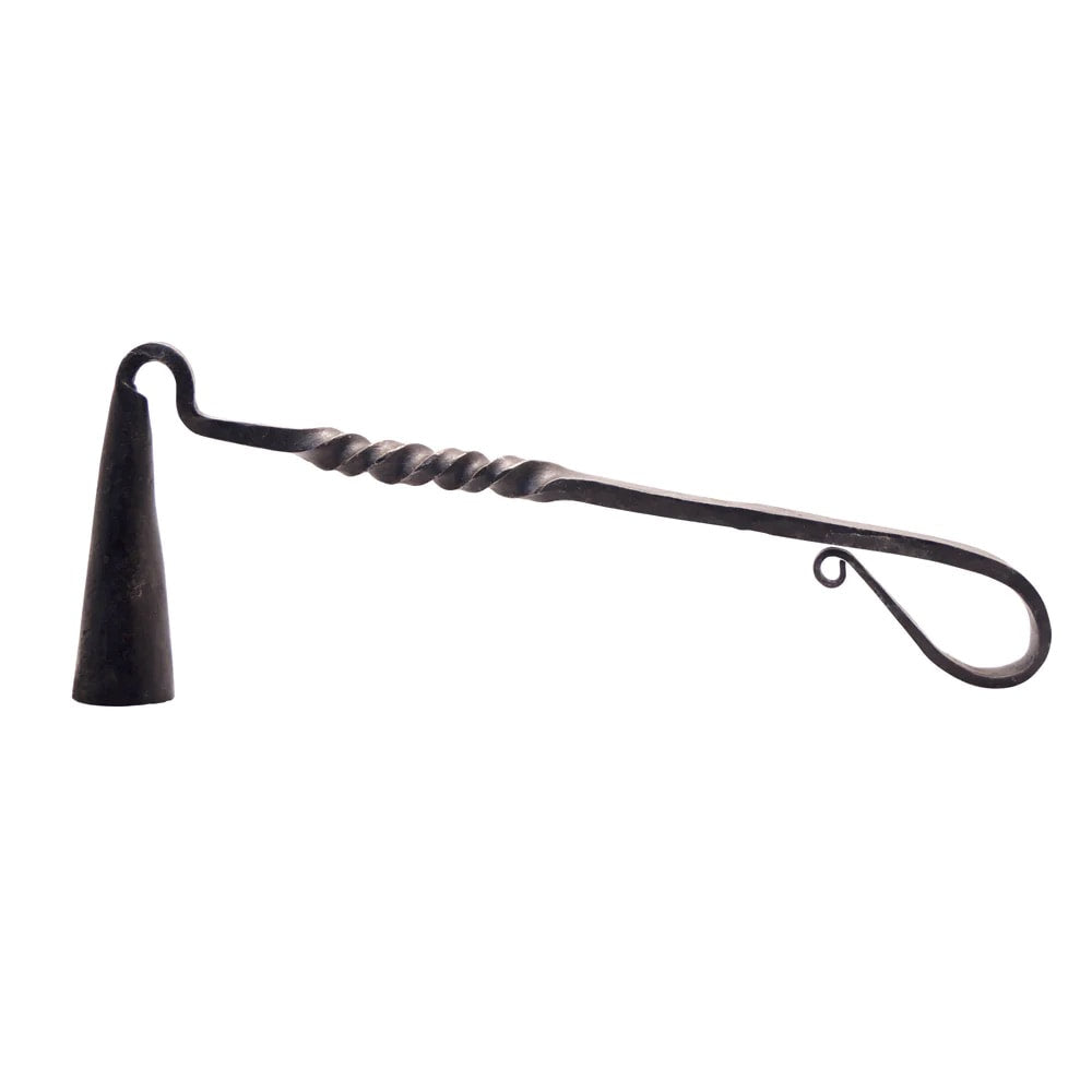 Wrought iron candle snuffer with tapered bell and twisted rod handle