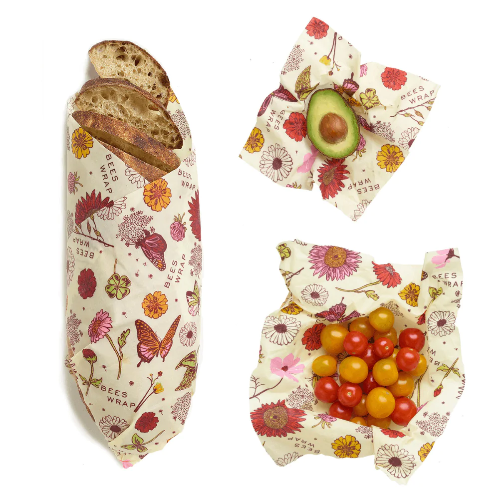 Floral Bee's Wrap food wraps with bread and produce fillings, assorted sizes