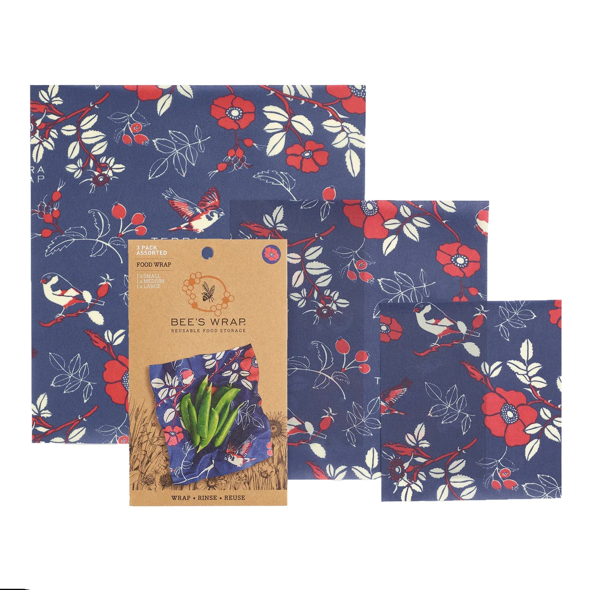 Bee’s Wrap food storage pack with navy floral bird print wax wraps