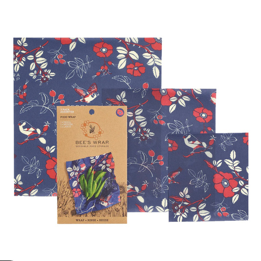 Bee’s Wrap food storage pack with navy floral bird print wax wraps