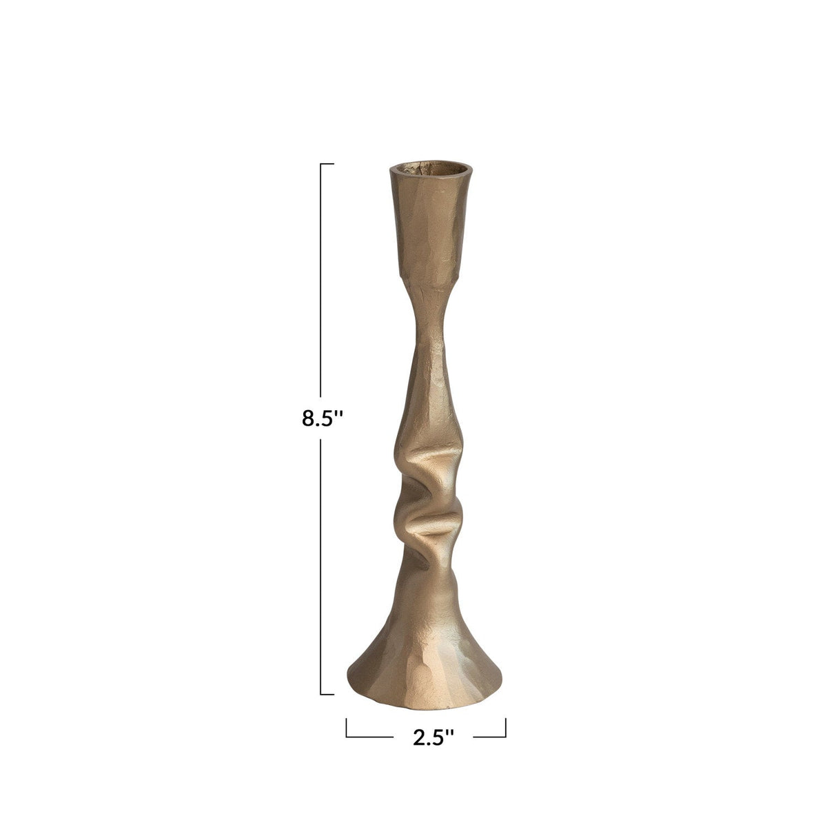 Antique gold metal taper holder, 8.5 in tall and 2.5 in base width