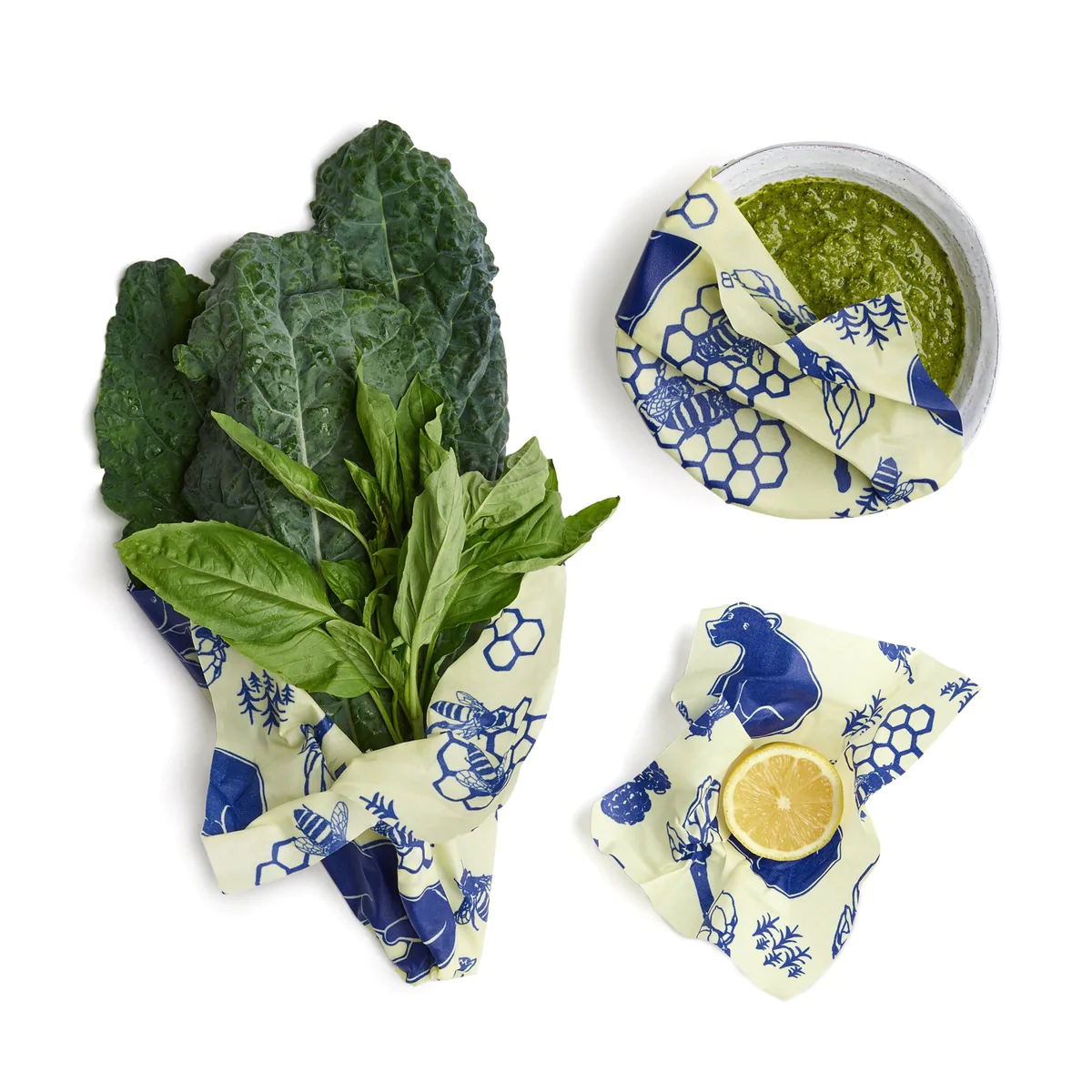 Bee’s Wrap reusable wax food wraps with blue honeycomb and green produce