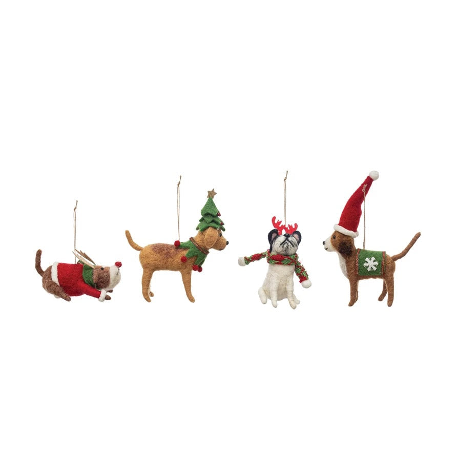 Wool felt dog ornament set in Christmas outfits, four hanging dogs with hats