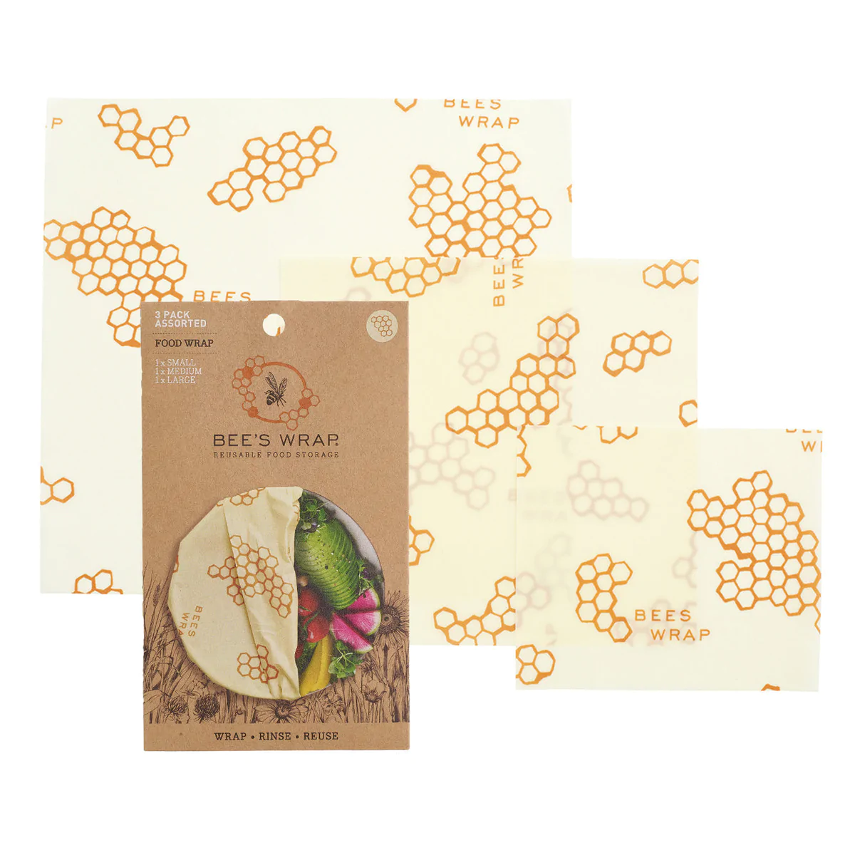Reusable honeycomb-pattern food wrap pack with orange hexagon shapes on light cloth