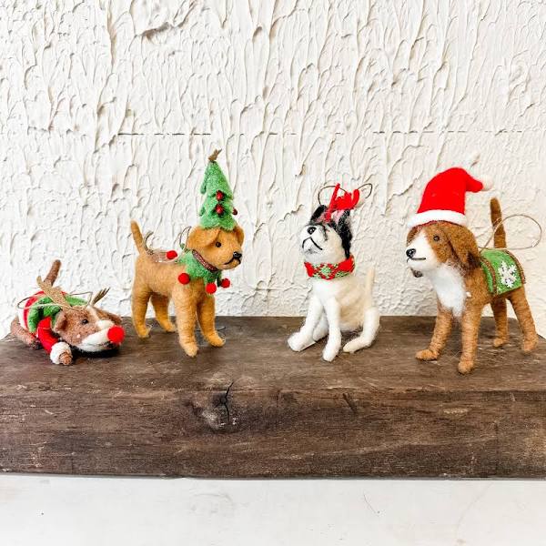 Wool felt dog ornament set with Christmas hats and sweaters, five dogs on display