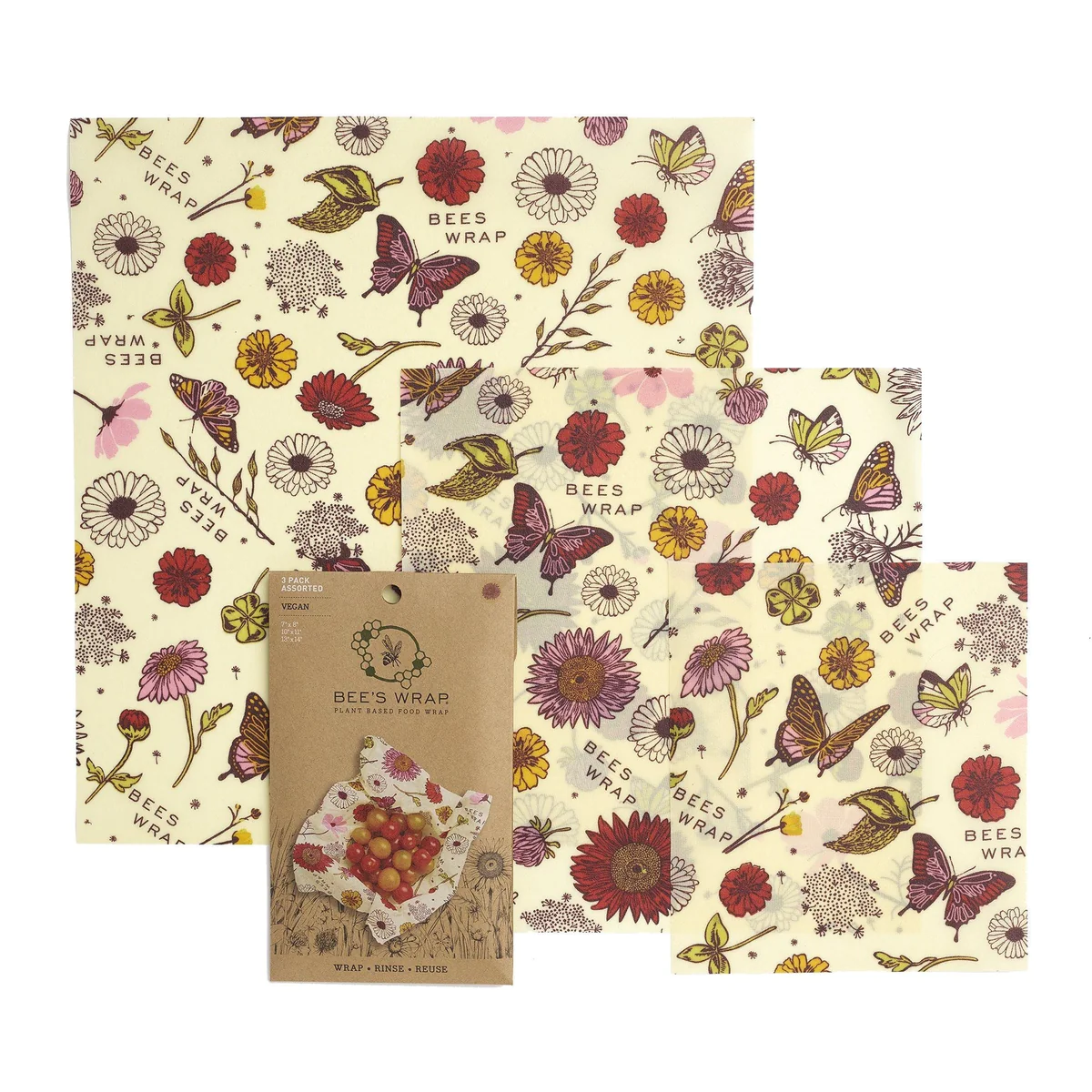 Bee’s Wrap food storage pack with beige floral bee print wax wraps
