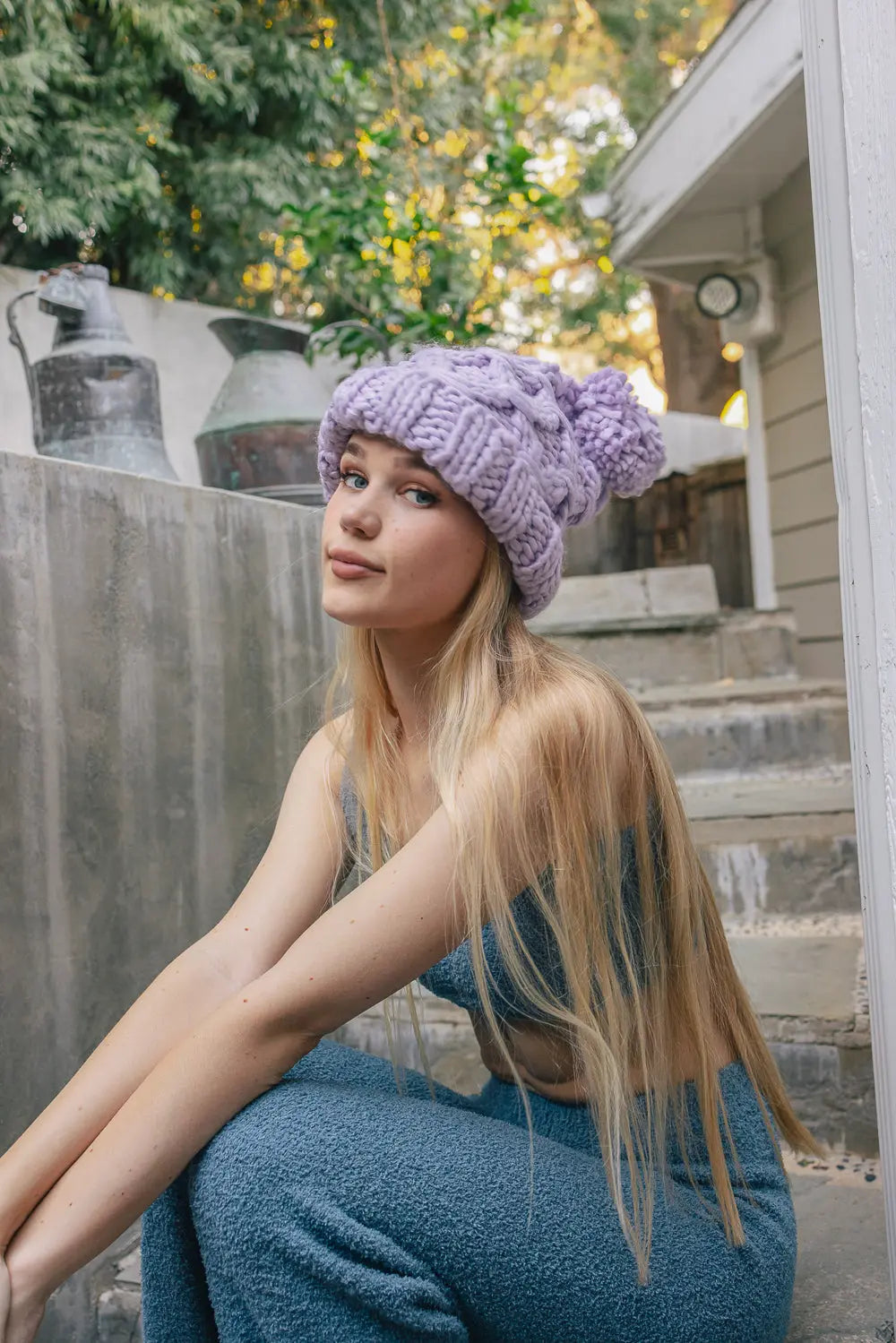 Chunky knit pom beanie, lavender with chunky cable-knit texture and pom