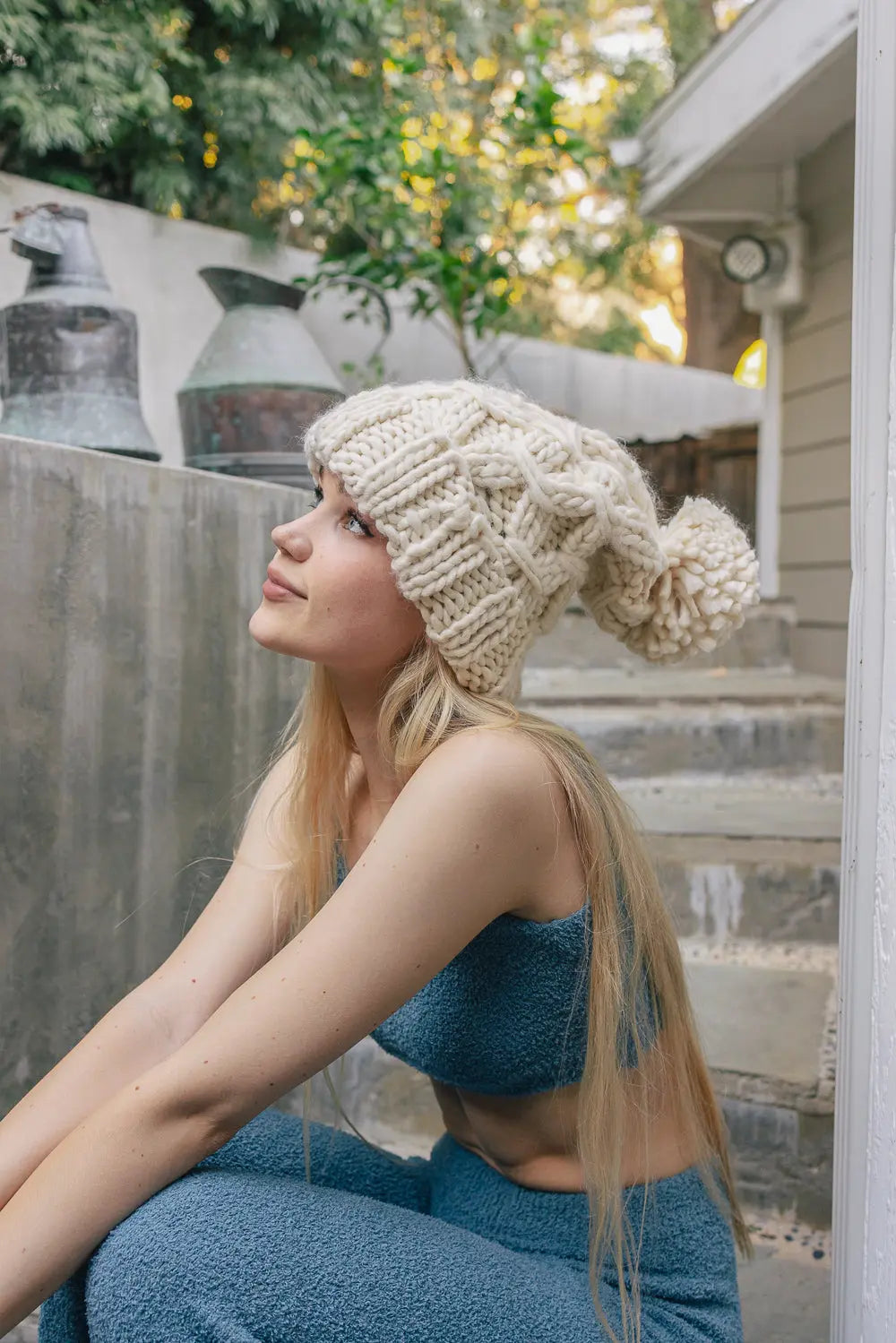 Chunky knit pom beanie, ivory cream with cable-knit look and round pom