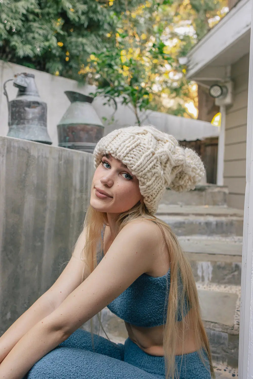 Chunky knit pom beanie, ivory cream with textured stitches and oversized pom