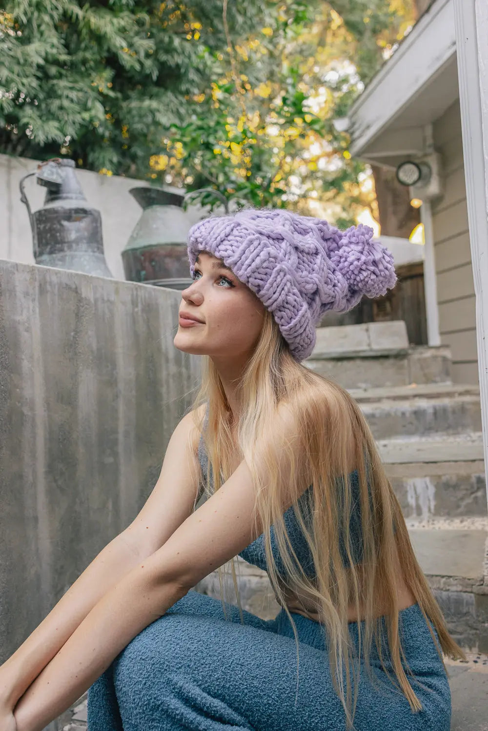 Chunky knit pom beanie, lavender knit with ribbed pattern and fluffy pom