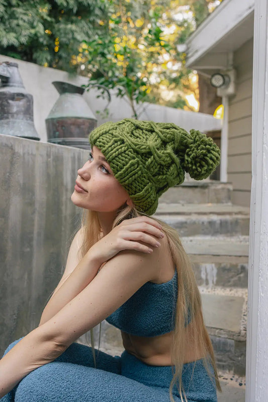 Chunky knit pom beanie, olive green knit with folded brim and pom top