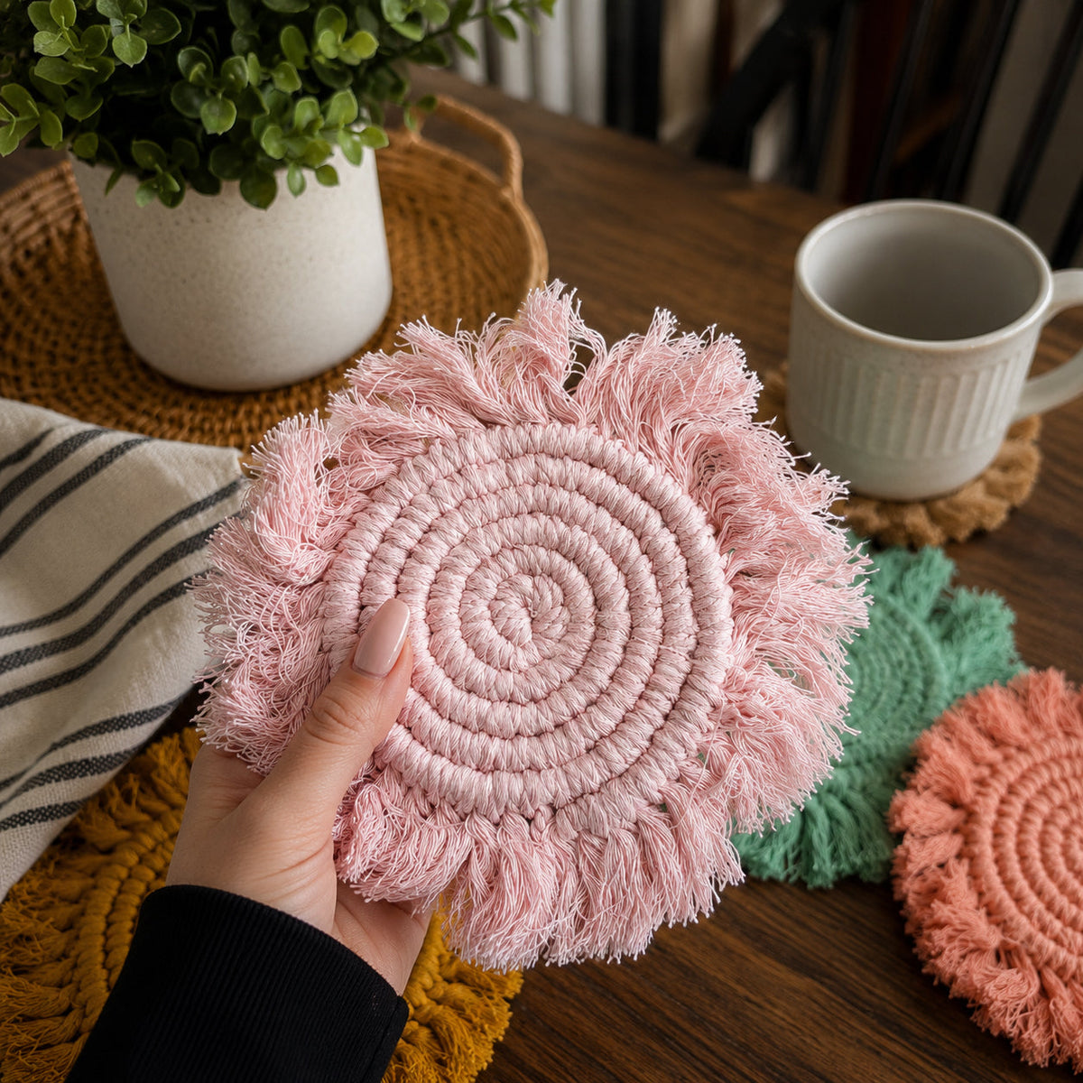 Hand holding a pink braided rope tassel coaster with circular braided pattern and fringe