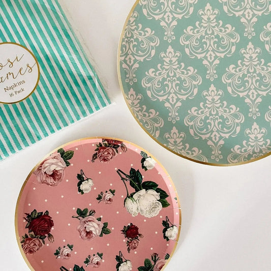 Party plates: green damask and pink floral designs, round disposable paperware (8-pack)