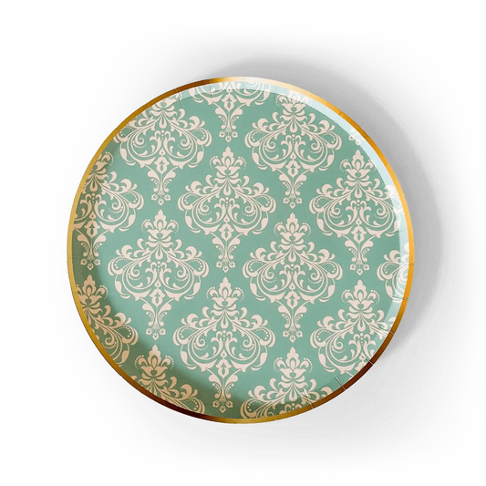 Green damask paper party plate with gold rim, round disposable dinnerware (8-pack)