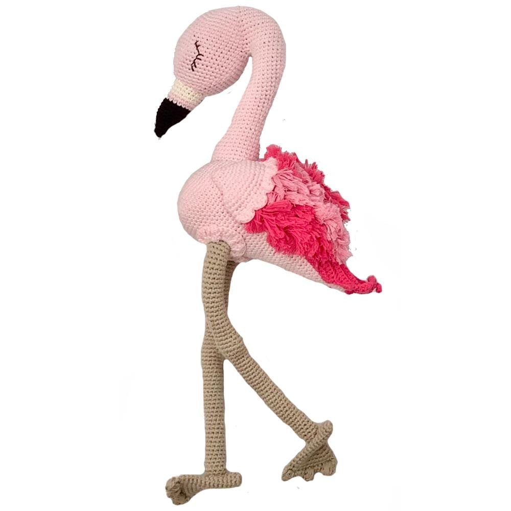 Patty the flamingo crocheted plush with a pale pink body, bright pink feathered wings, and long tan legs