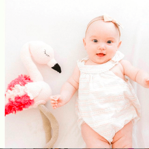 Crocheted flamingo plush with pink feathered wings and long tan legs beside a baby