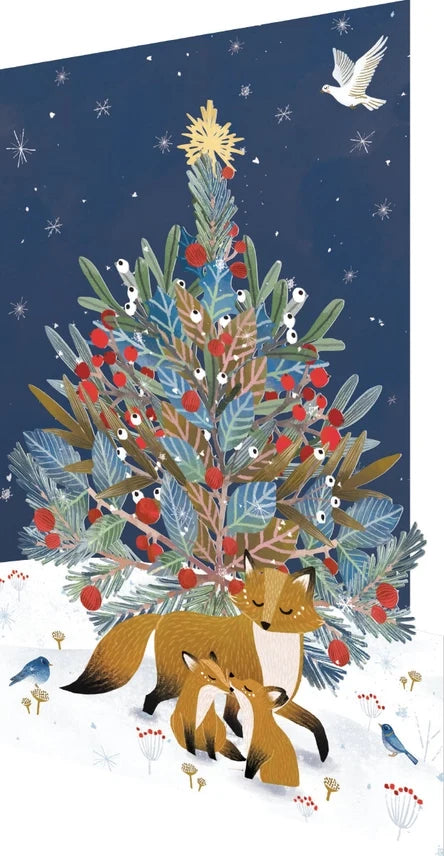 Pop-up tree scene with foxes, birds, red berries, and paw prints on a Christmas card