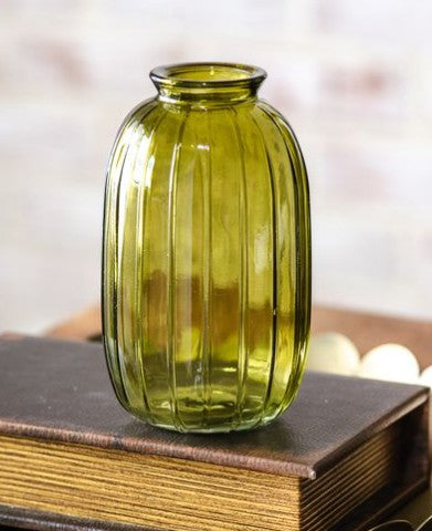 Olive green glass bud vase with tall ribbed body and narrow neck