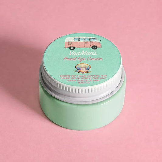 VanMan's Pearl eye cream jar with teal label on silver ridged lid