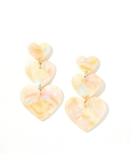 Pastel heart-drop statement earrings, three layered hearts with gold hook backs