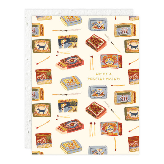 Perfect Match card with colorful matchbox-style illustrations and 'We're a Perfect Match' text