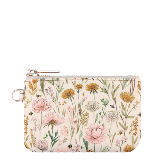 Floral zipper pouch with light pink and yellow flowers, top zipper and wrist strap