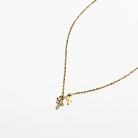 Petite double cross necklace, gold-tone chain with small crystal cross and cross charm