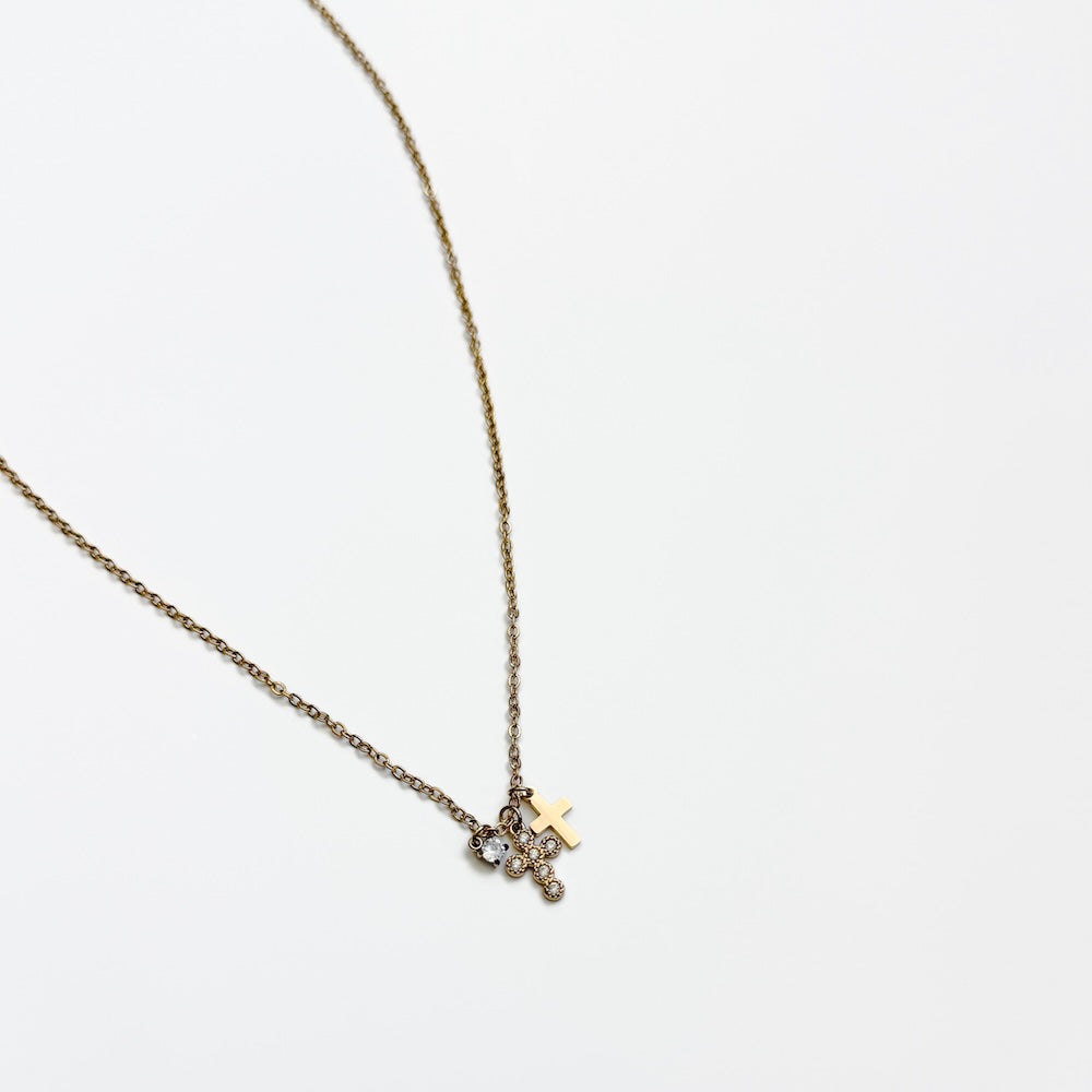 Petite double cross necklace, gold-tone chain with crystal cross pendant set