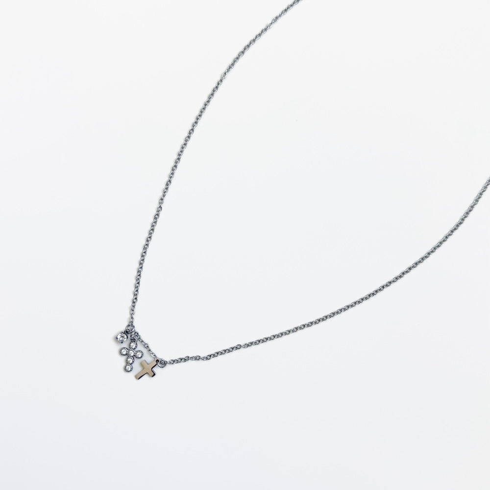 Petite double cross necklace, silver-tone chain with crystal cross pendant and charm