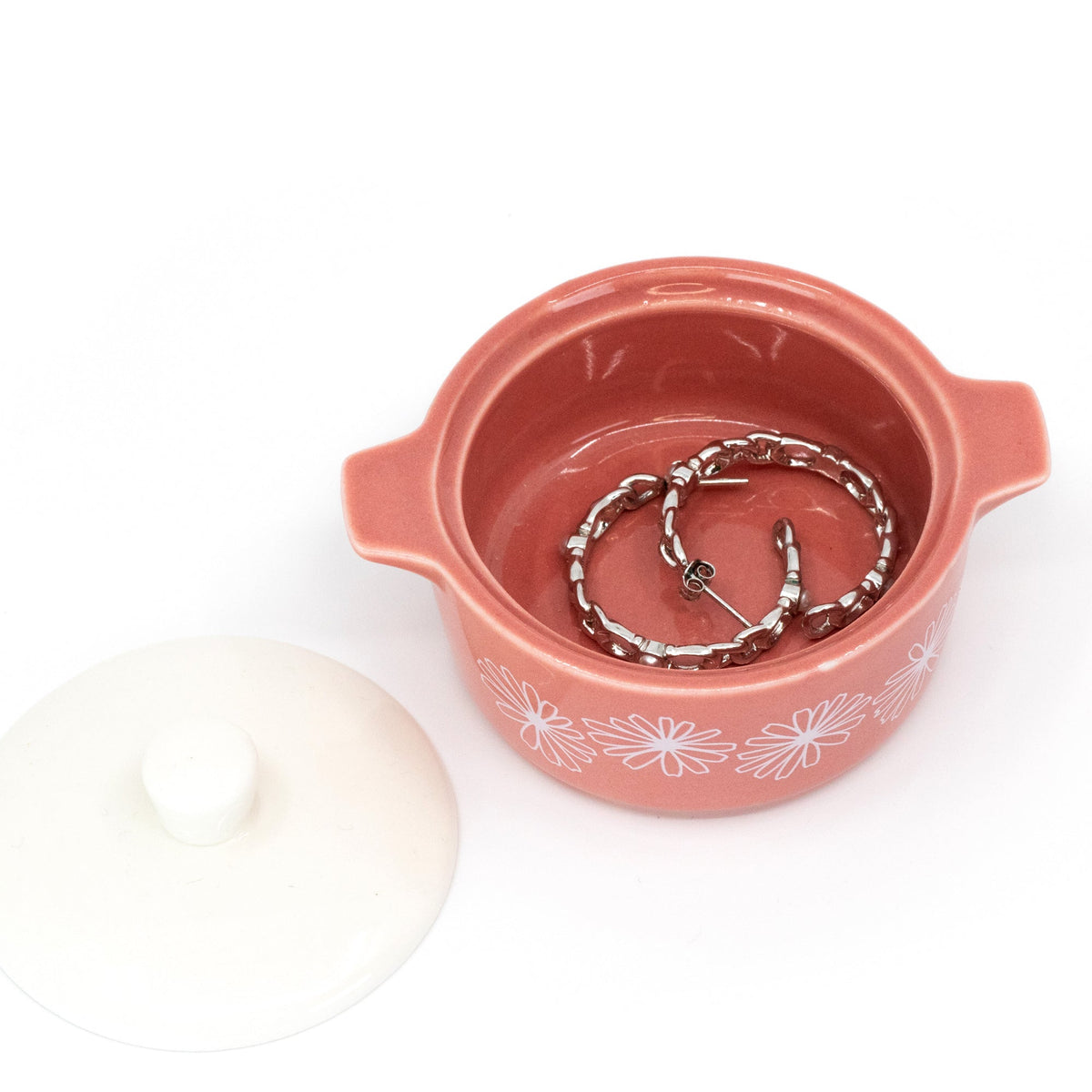 Pink ceramic casserole trinket box with open lid, silver chain inside