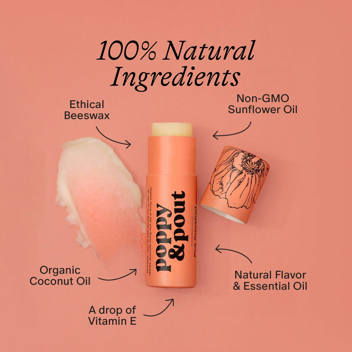 Pink grapefruit lip balm tube with white balm swatch and pink cap