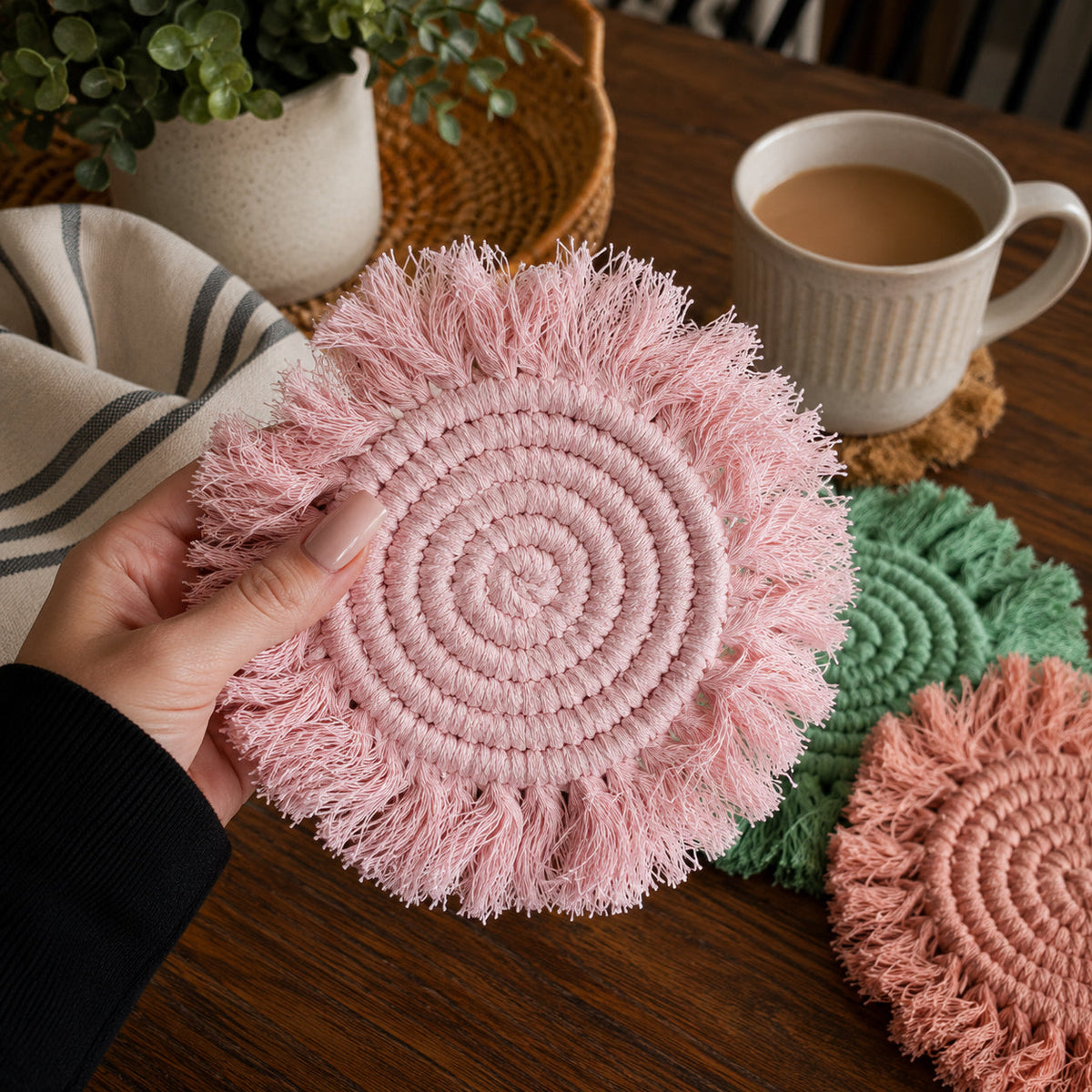 Pink braided rope round coaster with spiral center and tassel fringe