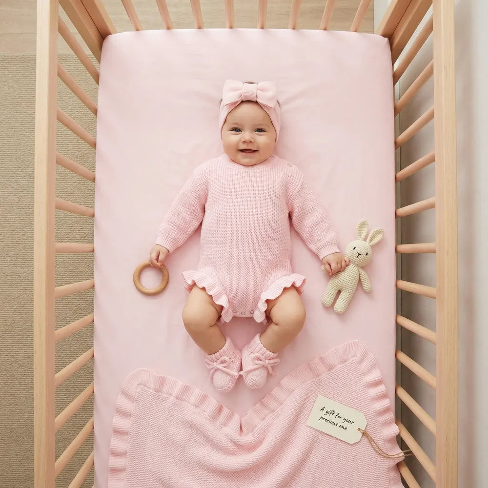 Pink knit baby romper with scalloped ruffle cuffs and snap button bottom