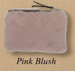 Pale pink faux fur zip pouch with black zipper