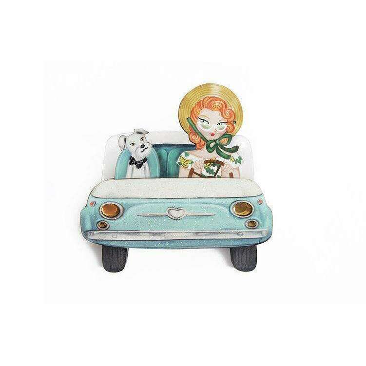 Pinup convertible car brooch and necklace, light blue front with character design