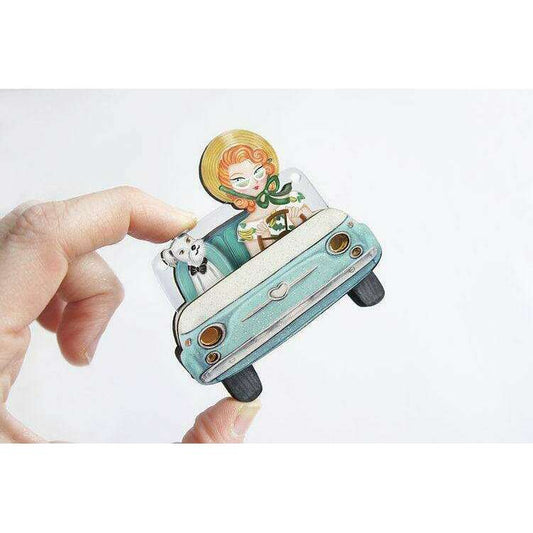 Convertible car brooch and necklace, light blue enamel front angled with clasp backing