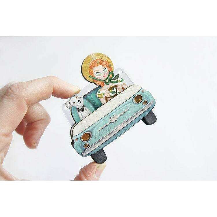 Pinup convertible car brooch and necklace, light blue enamel with front details