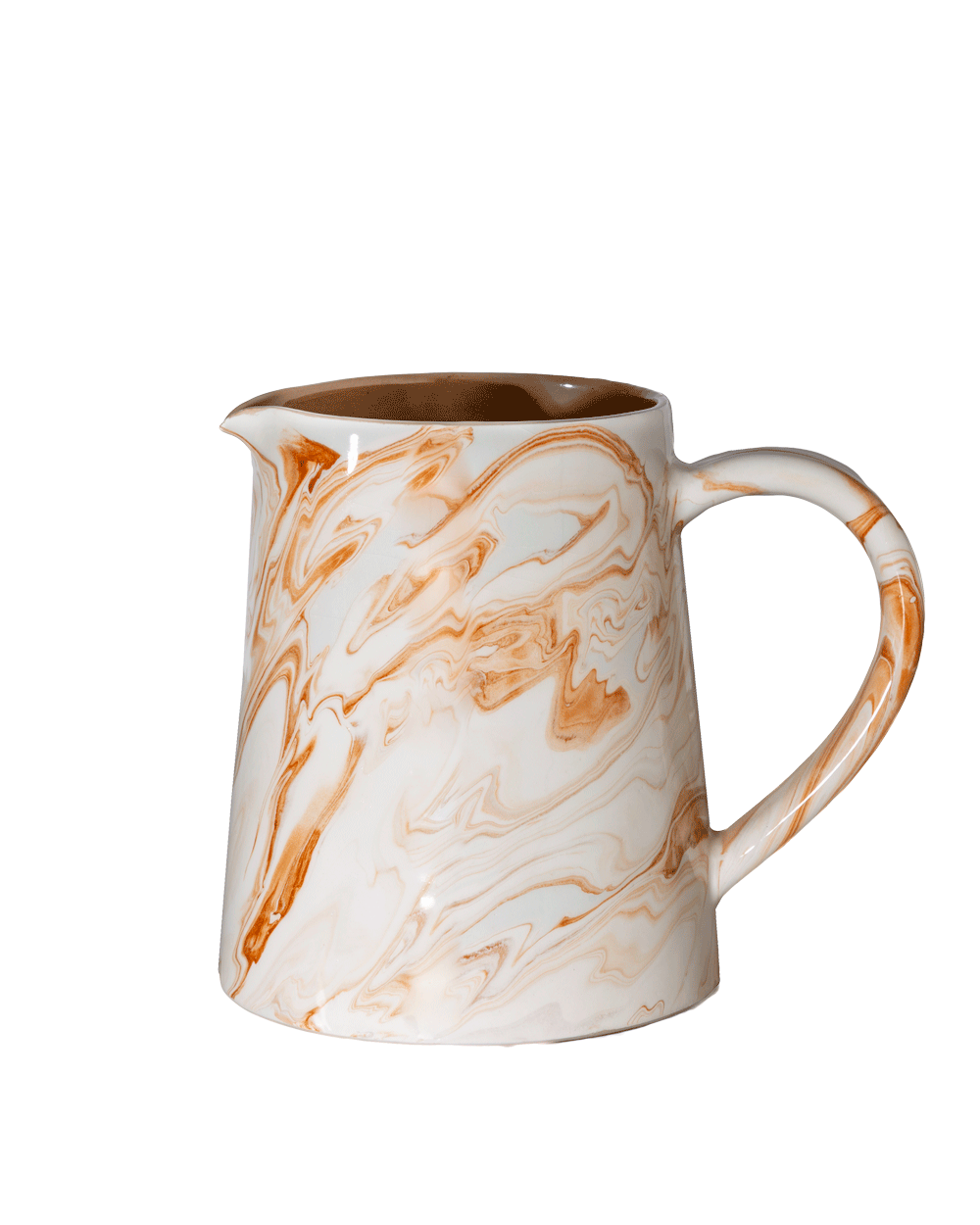 Marbled terra ceramic pitcher with side handle and curved spout, white with orange-brown swirls