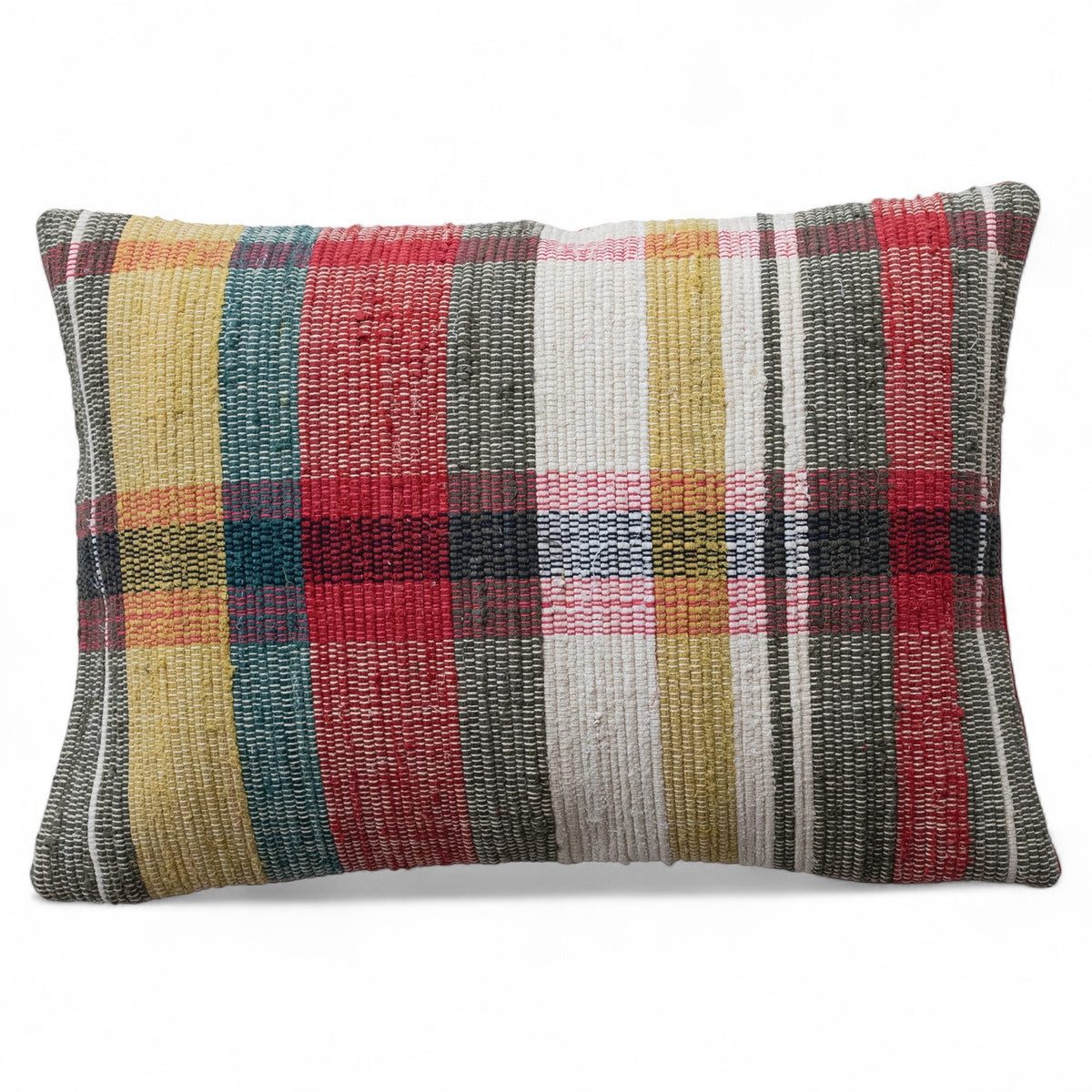 Lumbar woven plaid throw pillow with red, gray, yellow, and teal stripes