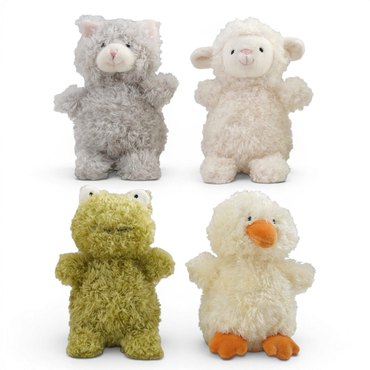 Plush bean bag stuffed animal: gray cat, cream lamb, green frog, white duck