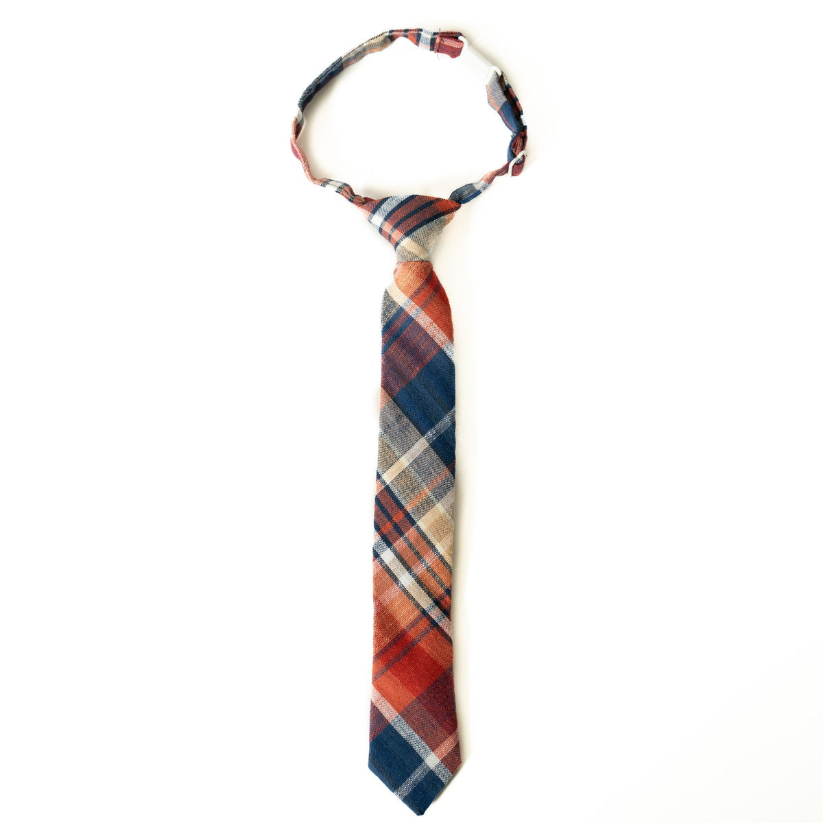 Boys necktie with multicolor plaid pattern in red, blue, orange, and tan.