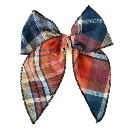 Plymouth Darling hair bow plaid fabric, large tied bow, 4x5 in