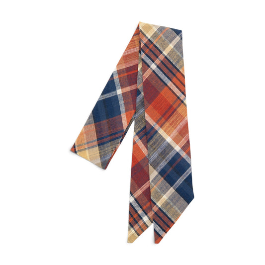 Plymouth plaid hair sash in navy, red, and tan; 2"x32"