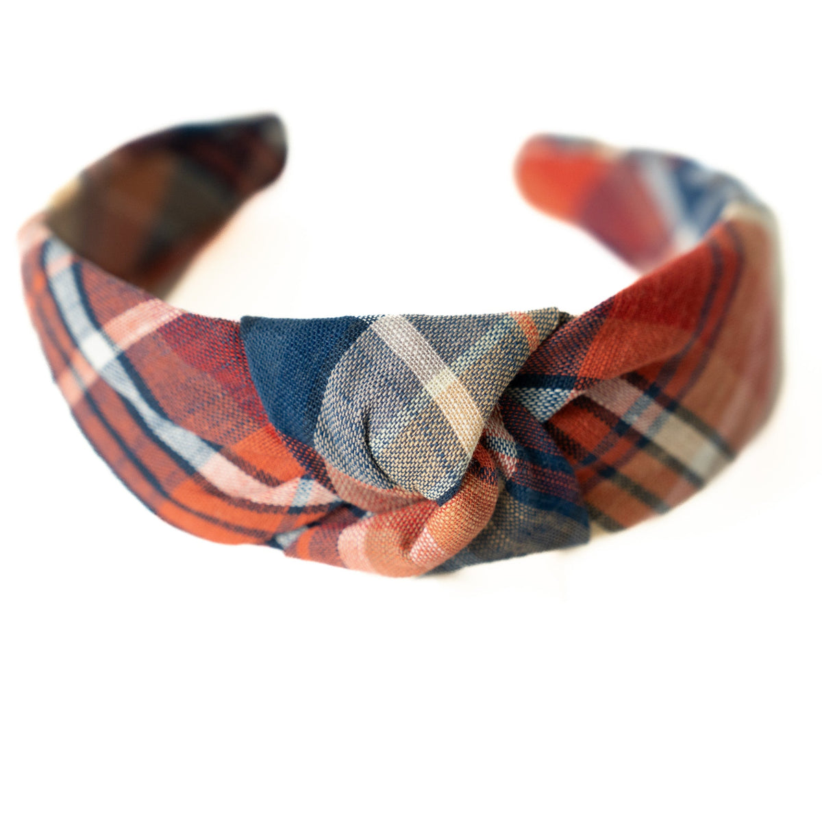Plaid knotted headband with orange, blue, red and white checks