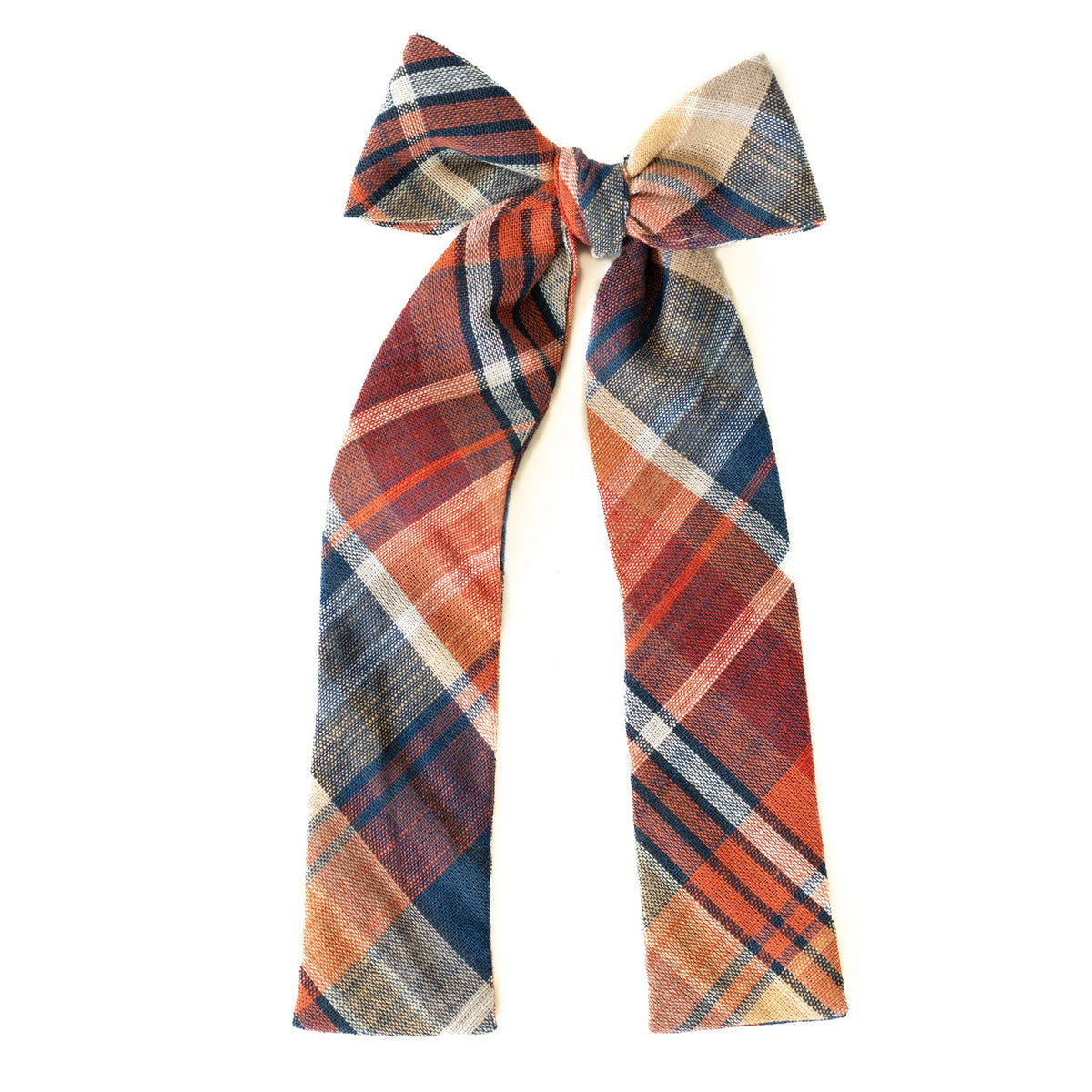 Plaid lady hair bow with ribbon tails in blue, orange, and cream stripes