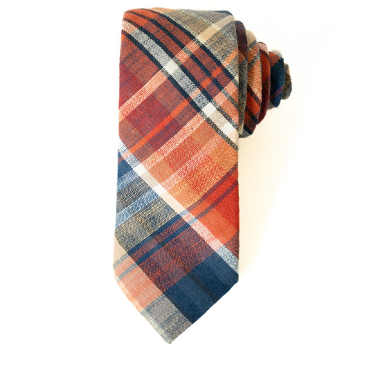 Men's plaid tie in orange, blue, white, and green checks with textured weave