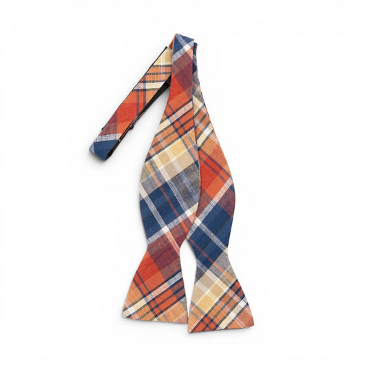 Men's self-tie bow tie with orange, blue, cream plaid fabric
