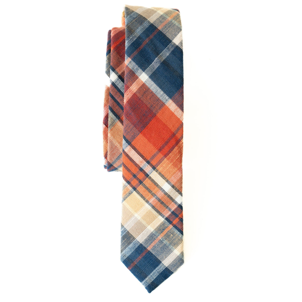 Youth plaid necktie in orange, blue, and cream diagonal checks