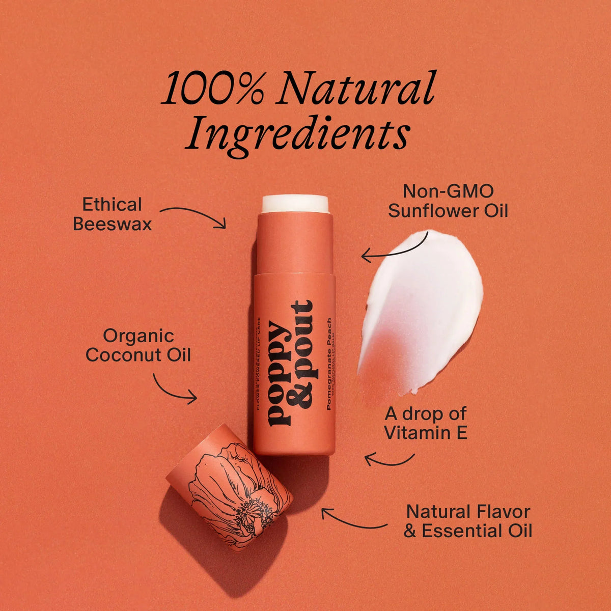 Pomegranate peach lip balm tube with creamy white balm dollop