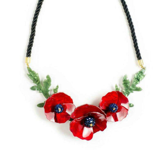 Red poppy flower necklace with green leaves on black braided cord and gold clasps